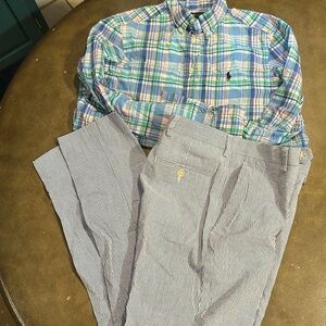 Boys dress Striped Pants and long sleeve pattern button shirt- Blue and White